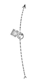 A diagram showing a curved dotted trajectory path with a small circular symbol and a hatched rectangular element intersecting the path.