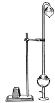 A diagram of a laboratory apparatus showing a round-bottomed flask mounted on a stand, connected by a tube rising vertically to a smaller bulb or funnel at the top.