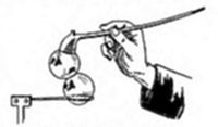 A diagram showing a hand holding a thin rod or wire connected to two ball-like shapes near a simple stand or support on the left.