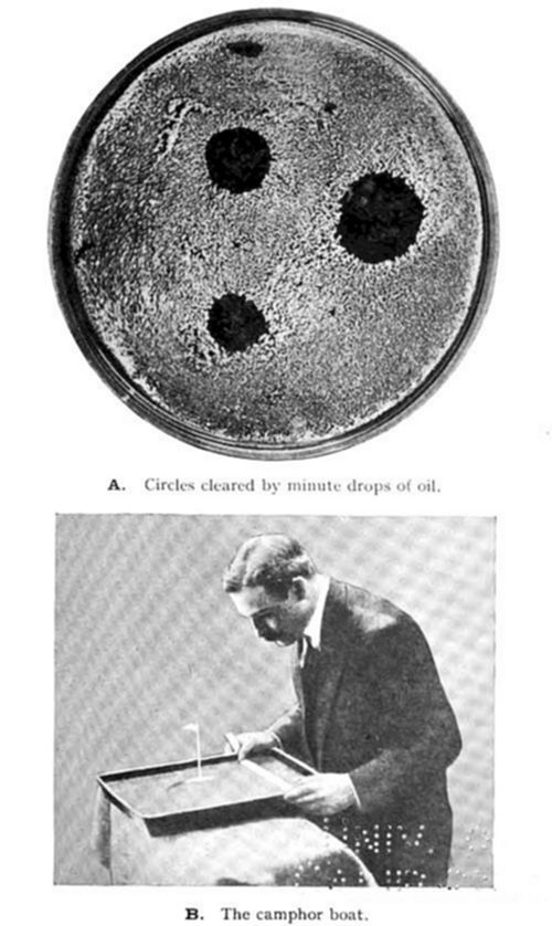 Two-part illustration: (A) a dish showing circles cleared by minute drops of oil — dark spots on a textured surface, demonstrating oil films spreading (used to estimate molecular size); (B) the camphor boat — a man observing a small camphor-powered boat floating on water, illustrating surface tension propulsion.