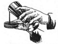A diagram showing a hand pouring liquid from a small container onto a surface, with a coin-like disc to the left and a jagged/textured shape to the right.