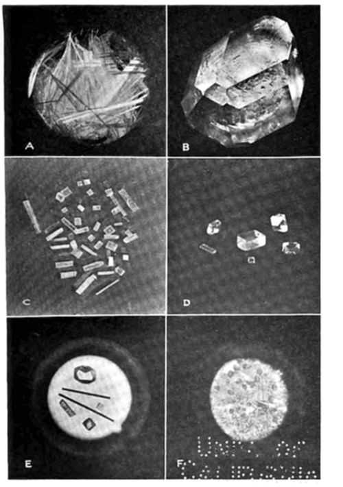 A six-panel plate (A–F) of crystal formations: (A) needle-like crystal cluster; (B) a large faceted single crystal; (C) scattered rectangular/blocky crystal fragments; (D) a sparser arrangement of similar fragments; (E) crystals under magnification with reference lines; (F) a granular, textured crystal surface.