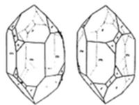 A diagram showing two identical faceted crystal shapes side by side, each with multiple flat faces outlined and small numbers labeling specific facets.