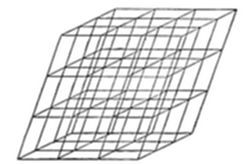 A wireframe diagram of a 3D lattice cube structure, shown in a parallelogram perspective with a grid of intersecting lines forming a repeating cubic pattern.