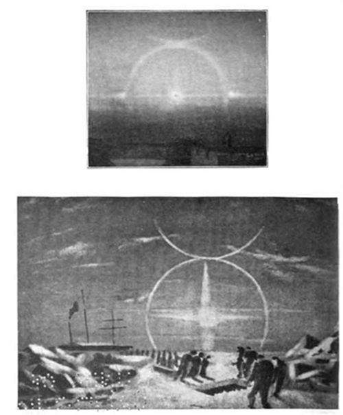 A two-part illustration of atmospheric optical phenomena: the top shows a halo of light around the sun over a horizon; the bottom shows a polar scene with intersecting light halos in the sky above a snowy landscape with a ship and figures.