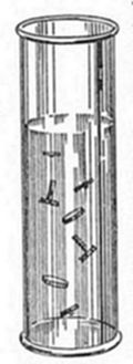 A diagram of a transparent cylindrical container with small rod-like or crystal shapes suspended at various angles within the liquid or medium inside.