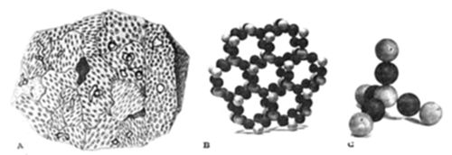 Three-part illustration: (A) a rounded, faceted mineral crystal with a speckled surface; (B) a ball-and-stick model of a repeating hexagonal ring lattice (likely a silicate structure); (C) a smaller tetrahedral cluster of atoms.
