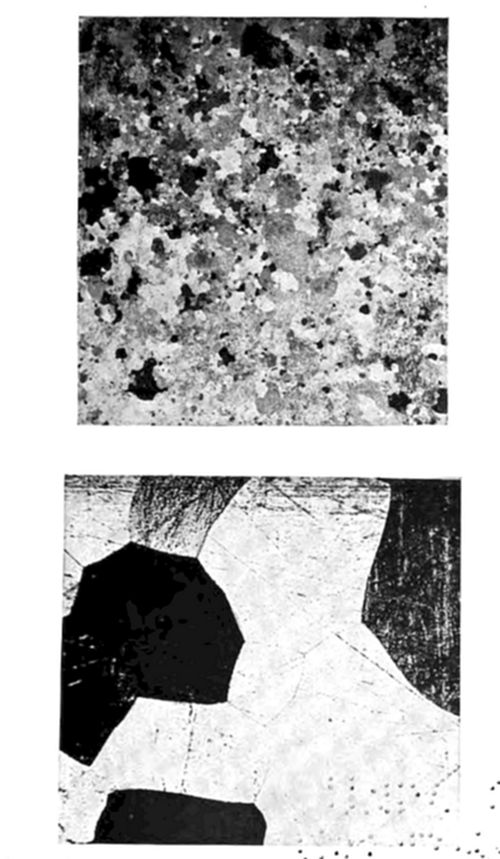 Two micrographs of metal microstructure: top shows fine, granular texture (many small grains); bottom shows larger, distinct polygonal grains with clear grain boundaries.