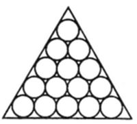 A triangular arrangement of circles (like billiard balls racked in a triangle) stacked in rows of 1, 2, 3, 4, and 5 — illustrating close-packing of atoms in a 2D triangular lattice arrangement.