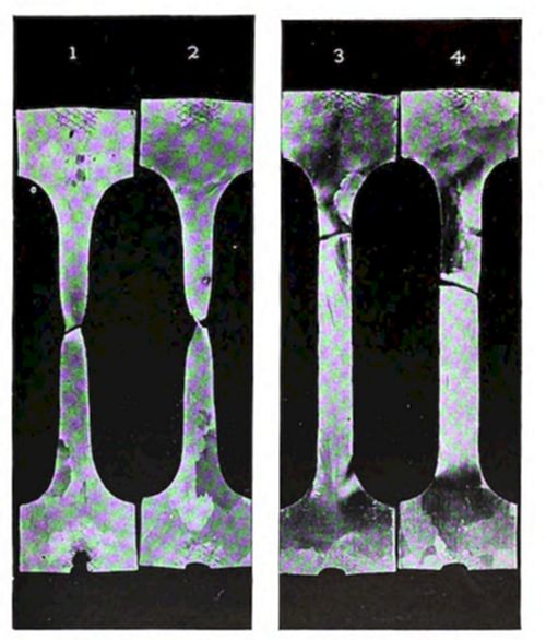 Four numbered dog-bone/tensile test specimens (1–4) shown after fracture at their necked-down midsections, illustrating different failure points or modes from a tensile strength test.