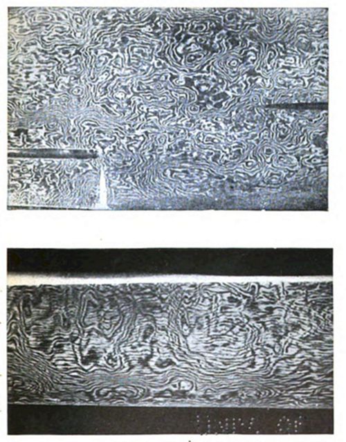 Two micrographs showing swirling, wavy grain patterns in metal where the flowing patterns result from folding different layers of metal together, with the top image also showing a fissure.