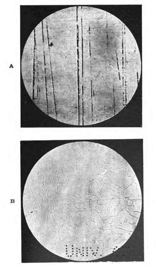 Two circular micrographs: (A) shows faint vertical scratch-like lines/striations on a light gray surface; (B) shows a fine, faint network of grain boundaries on a similarly plain surface.
