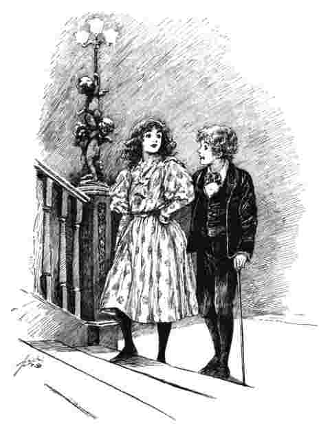 Betty and a boy walk up some stairs