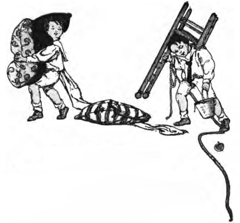 This black-and-white photo shows two children walking while carrying household items. The child on the left wears a light tunic or shirt with trousers and holds a large patterned pillow. A long piece of fabric or ribbon trails behind it. It is tied to another striped pillow on the floor. The other child carries a heavy ladder over his shoulder. He wears a collared shirt, trousers, and a dark necktie. He holds a bucket in his left hand. A long rope hangs from the bucket. An apple sits on the floor next to the rope.