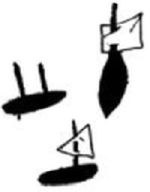 This black-and-white drawing shows three toy boats. The bottom boat has a solid black oval hull, one straight mast, and a small triangular white sail outlined in black. The boat in the upper right is upright, with a pointed black hull, a long mast, and a square or rectangular white sail. The left boat has a black horizontal oval hull and two thin vertical posts or masts but no sails.