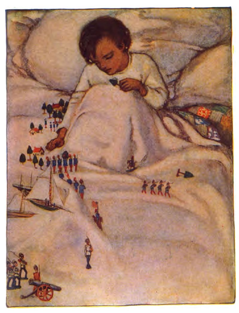This color illustration features a young child playing with toys while sitting up in bed, supported against pillows. The child has short dark hair and wears a simple, light long-sleeve shirt. They hold a toy in their left hand. The white blanket forms small hills and valleys. It turns the bed into a landscape for toys like blue and red toy soldiers, a small sailboat with white sails, toy houses, green trees, and a toy cannon.