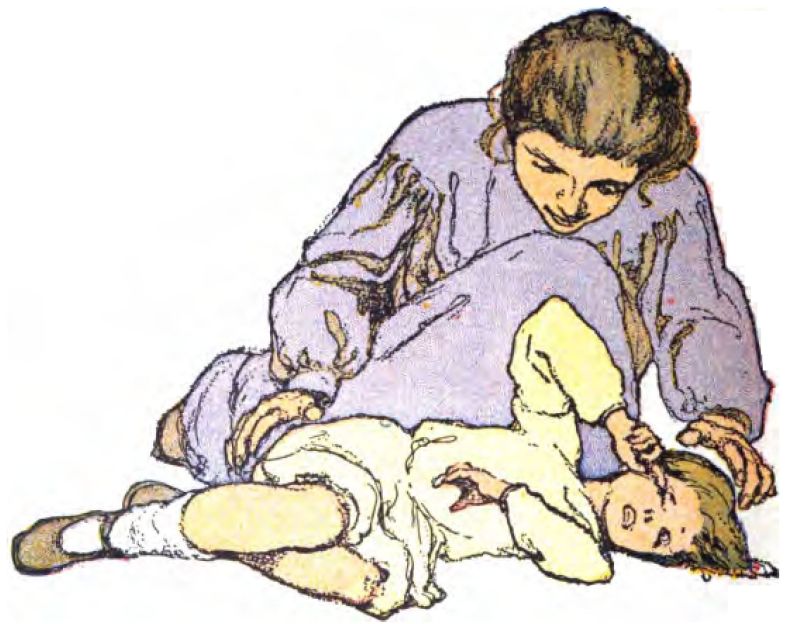 A woman kneels behind a boy, dressed in a long-sleeved purple dress with gathered sleeves. She gazes down at him with a gentle, concerned look and places her left hand near his head. The boy, just waking from a dream, lies on his side on the ground with his legs bent. He wears a light yellow tunic or nightshirt, white socks and dark shoes and rubs his right eye with his right hand.