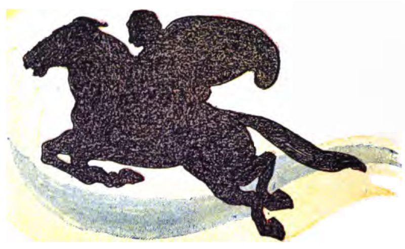 The image features a silhouette of a rider on a winged horse, flying through the air against a white background. The rider and horse form one solid dark shape. The horse is in mid-jump, with front legs bent and back legs stretched out. A large wing rises behind the rider. Swirls of light blue and yellow appear below the horse.