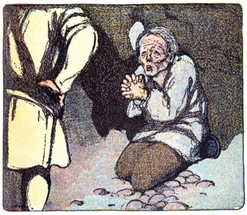 On the left side, an old man kneels on the ground with his hands clasped, as if pleading with another man who faces away from us. The man on the right has gray hair and wrinkles, and he wears a light tunic with dark trousers. In the foreground, we see only the lower half and back of another standing figure. This person wears a light tunic with a dark belt or sash and stands over the kneeling man, creating a sense of authority or confrontation. The rough-textured walls around them make it look like they are inside a cave.