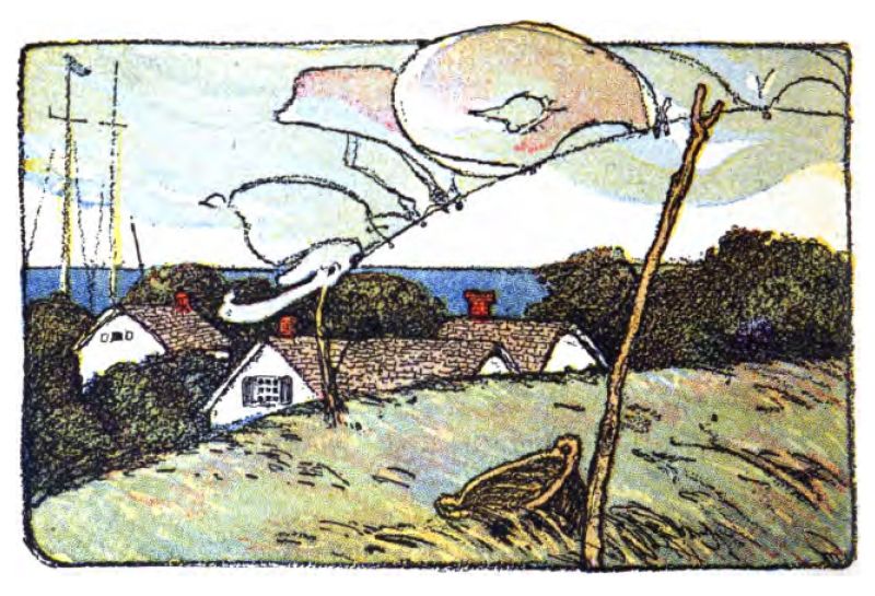 The image shows a windy coastal scene. coastal scene. In front, a grassy hill slopes down. On the right, a wooden stick supports a clothesline, and a small wicker basket sits in the grass nearby. In the middle, the clothesline stretches across, holding white sheets that flap in the wind. Below the hill, white houses with dark roofs and red brick chimneys are surrounded by green bushes and trees. In the distance, the sea extends to the horizon under a pale sky. On the far left, you can see the masts of ships or boats near the shore.