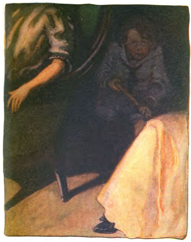 A young boy wearing a light sailor-style suit with a dark necktie sits on the darker right side of the frame. His eyes are wide and intense. He holds a small stick or rod with both hands. To his left, part of an adult’s upper body and arm is visible. The adult wears a light shirt or blouse.