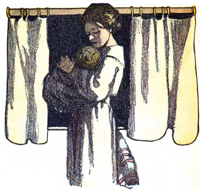 A woman stands with a child in her arms in front of a window at night. Her hair is pulled back in a bun. She faces left, dressed in a long, plain white gown with red and black trim near the bottom. She gazes down gently at the child, who is wrapped in a dark blue blanket that reveals only the back of a brown head. Above them, a wooden curtain rod with brass rings holds two cream-colored curtains, which are pulled open to each side of the window.