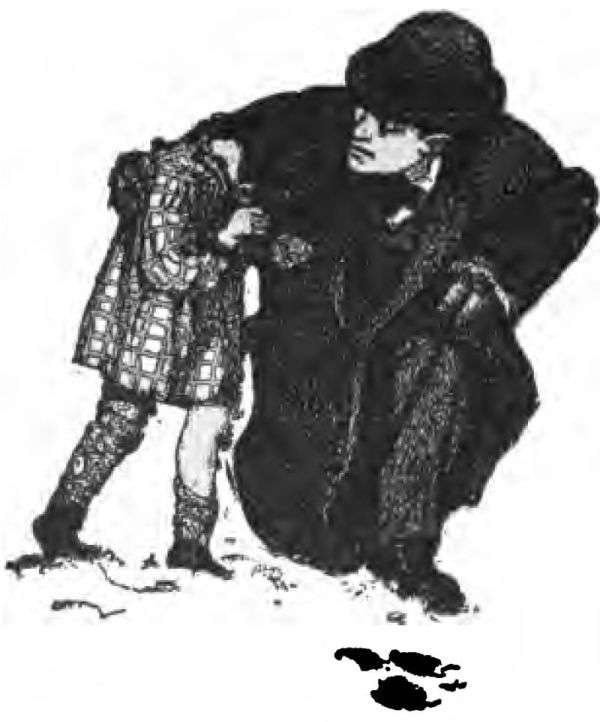 This black-and-white illustration shows a man, identified as Robert Louis Stevenson, crouching beside a small girl in the snow. He looks at her. He wears a thick dark winter coat and a hat. The girl wears a plaid or checkered coat, thick patterned leggings, and a hood. She stands close to him and buries her face in his arm. Snow covers the ground around them.