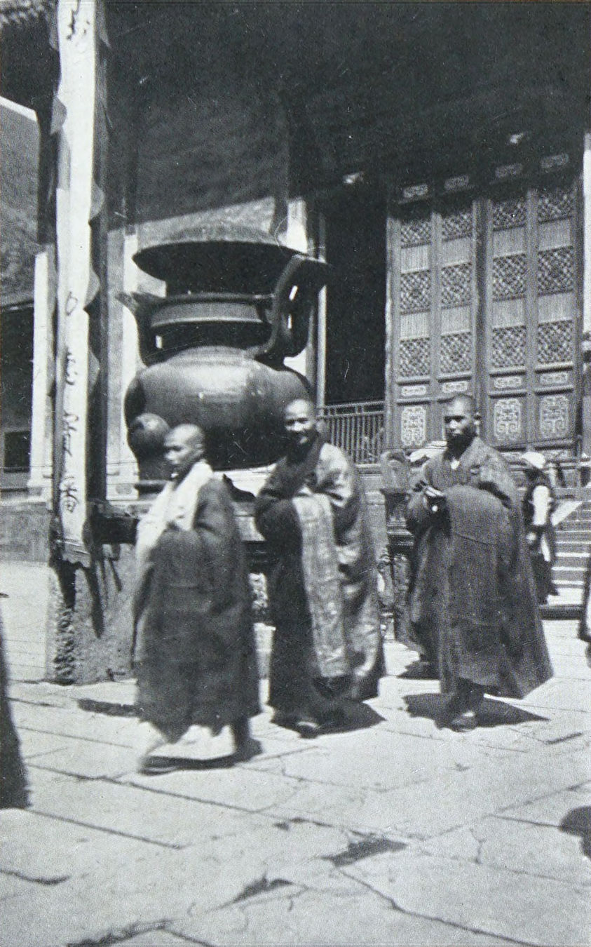 Buddhist monks walking in a single-file