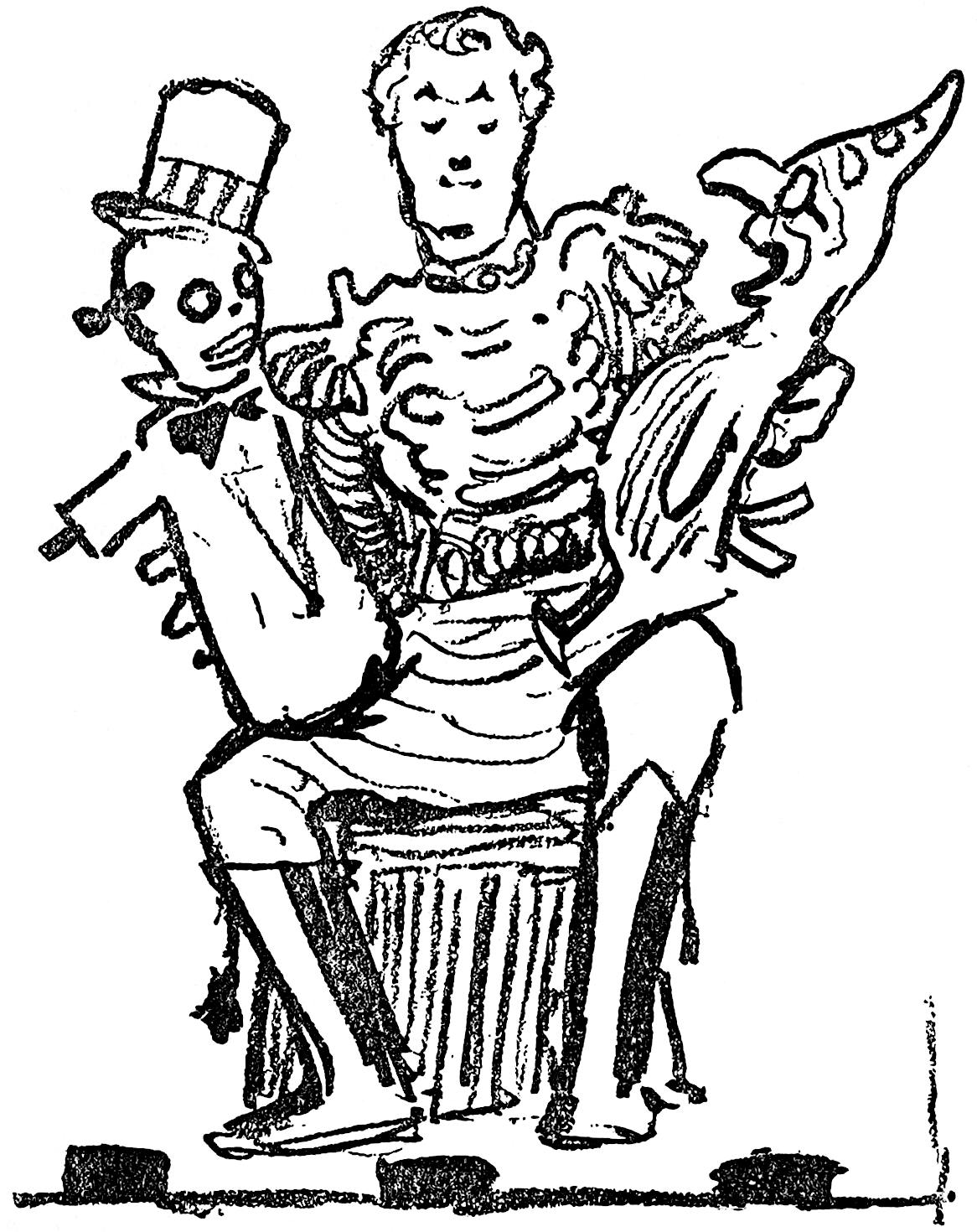 seated on stage with two hand puppets