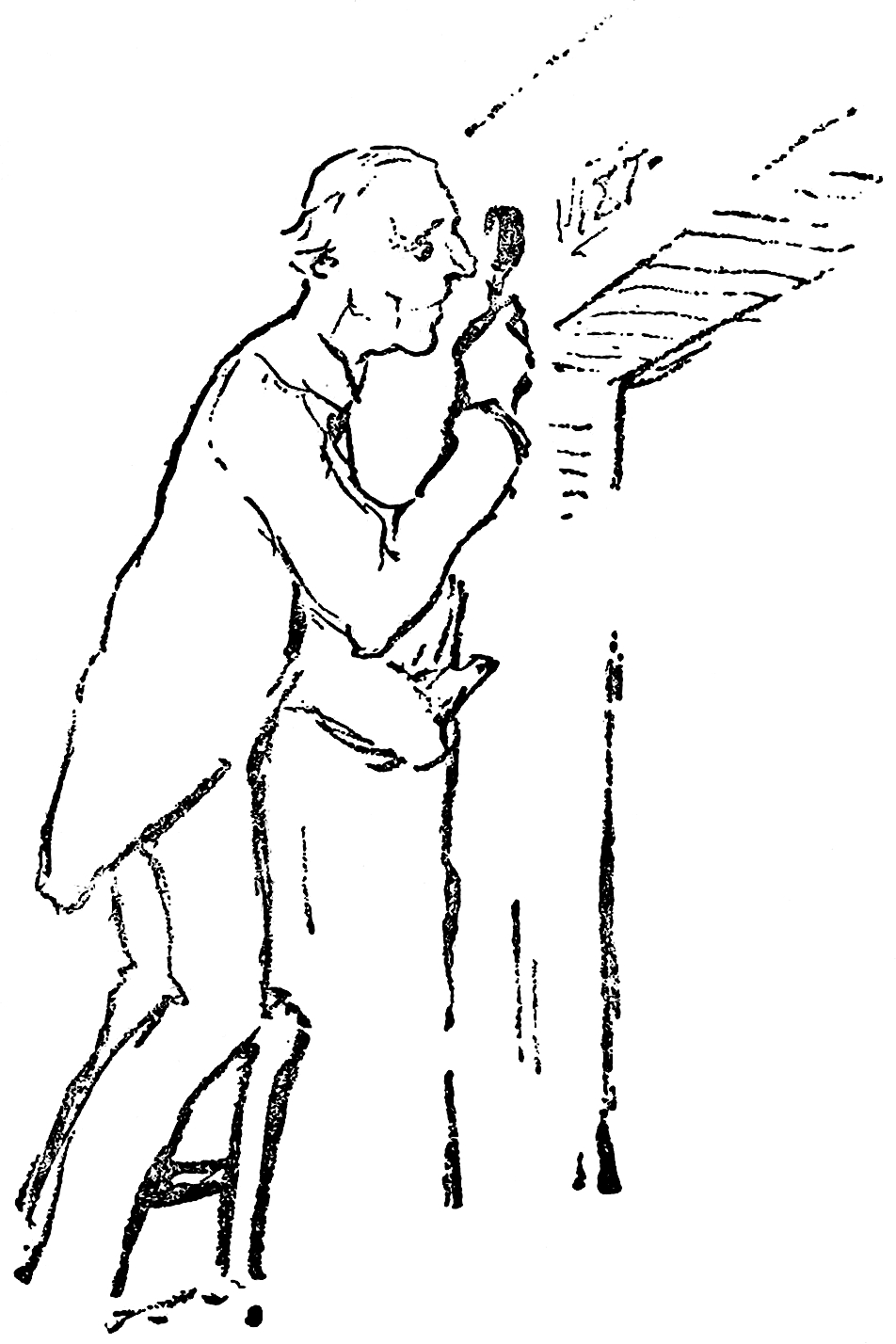 standing on a chair, examining the door beam with a magnifying glass