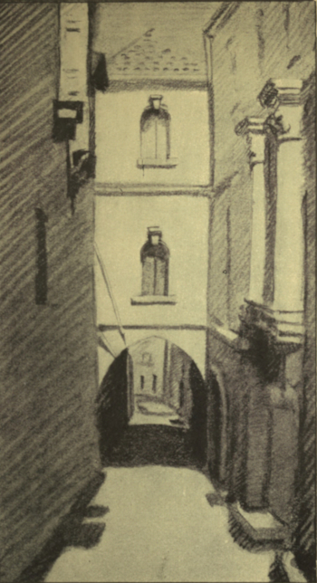 A photograph looking downhill through the Via Dolorosa.