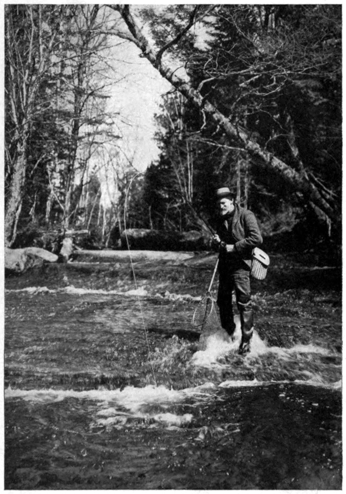 Photo of bearded man flyfishing in a river.