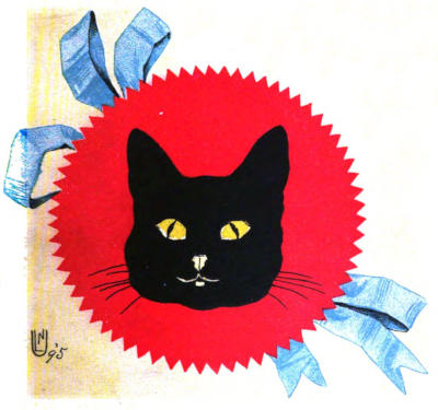 A black cat’s face   in the center of a red rosette with a blue ribbon
