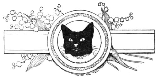 Decorative footer, cat head   inside a border, flowers, perhaps bluebells
