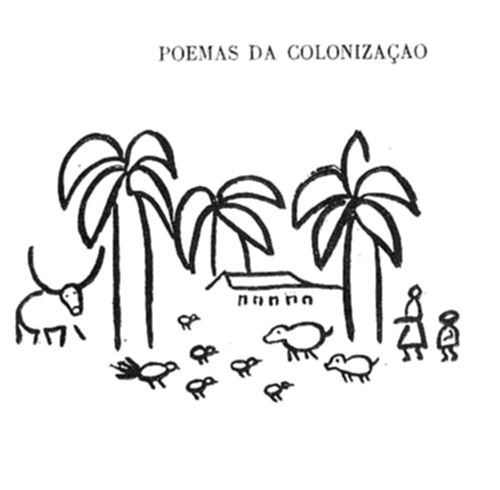 Cena rural estilizada com palmeiras, uma casa simples, um boi, aves, um porco e figuras humanas.