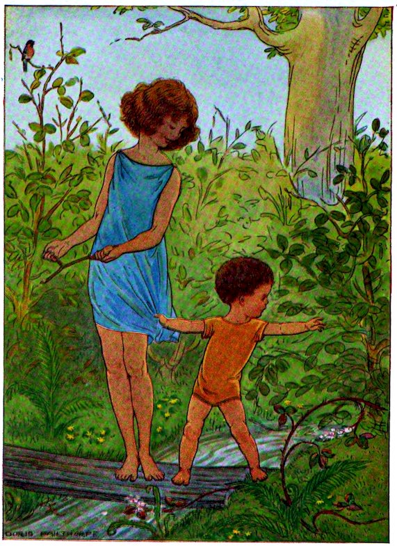 Color illustration of a woman in a blue dress and a small child in an orange top walking across a wooden plank or bridge over a stream in a wooded setting.