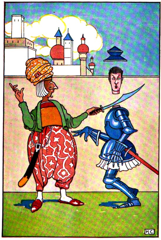 Color illustration featuring a man in an ornate turban, green jacket, and red patterned trousers standing next to a headless knight in blue armor whose floating head hovers nearby, against a backdrop of a building and towers under a blue sky with clouds.