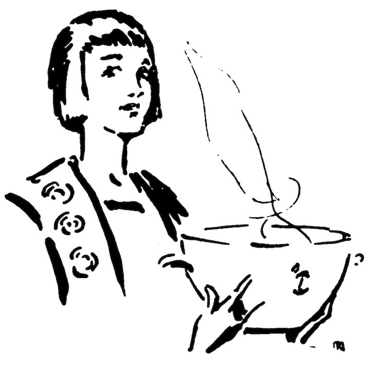 Black and white illustration of a person with short hair holding a bowl from which steam or smoke rises.
