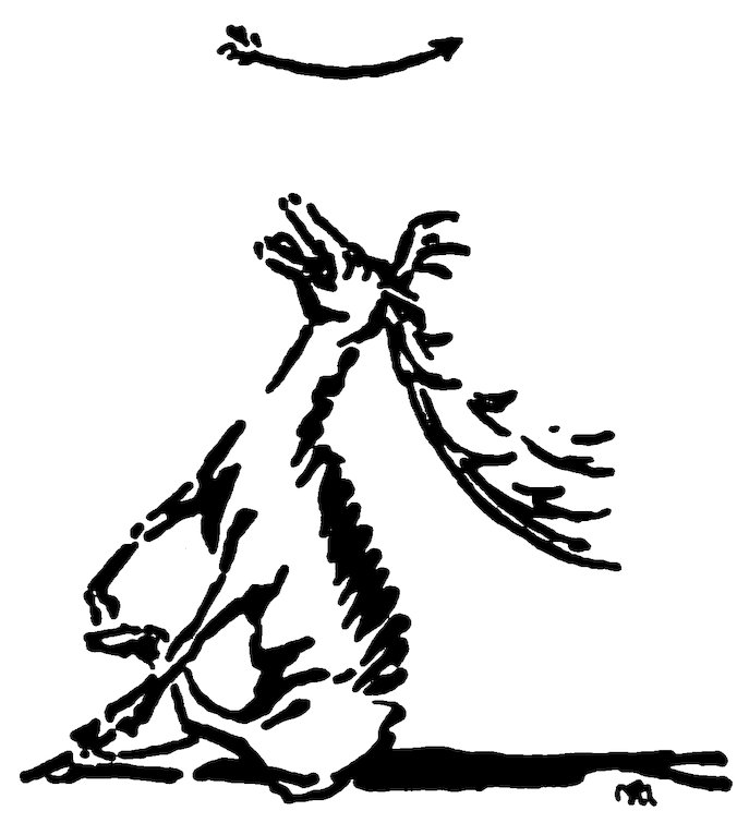 Black and white illustration of a stag looking at an arrow.