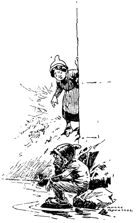Black and white illustration of a small figure peering from behind a wall while another bearded figure crouches on rocks below.