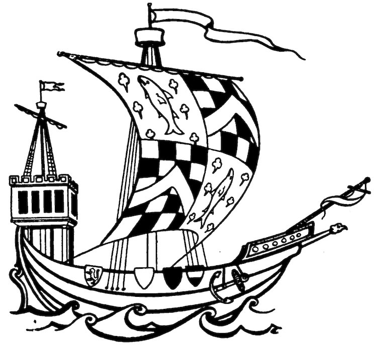 Black and white illustration of a medieval-style sailing ship on choppy waves, featuring a castle-like tower at the stern, a large sail decorated with checkerboards and fish designs, and several shields hanging along the side.
