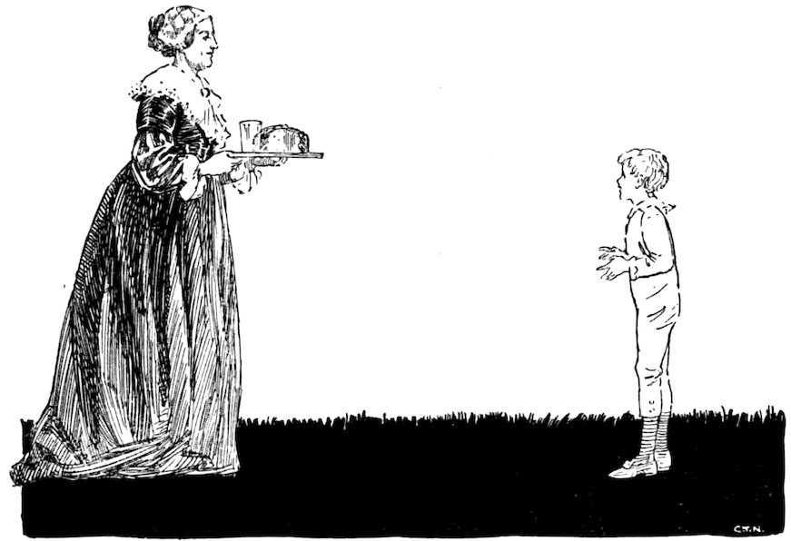 Black and white illustration of an elegantly dressed woman carrying a small tray of food toward a young boy standing on grass.