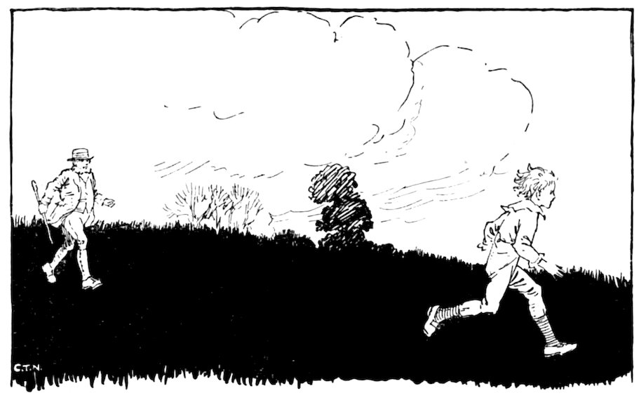 Black and white illustration of a boy running ahead while an older man with a walking stick follows behind across a field.
