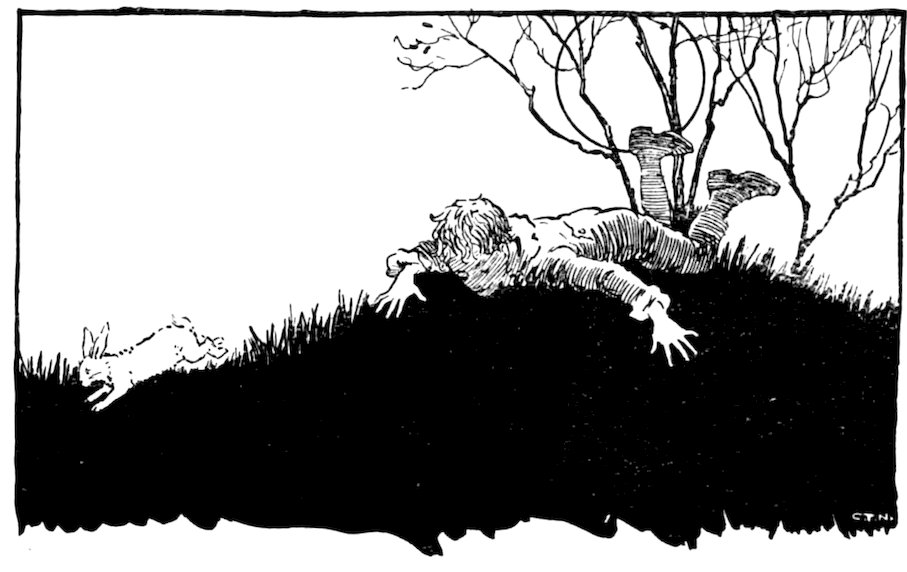 Black and white illustration of a boy tumbling or falling headfirst down a grassy hill as a rabbit runs nearby.
