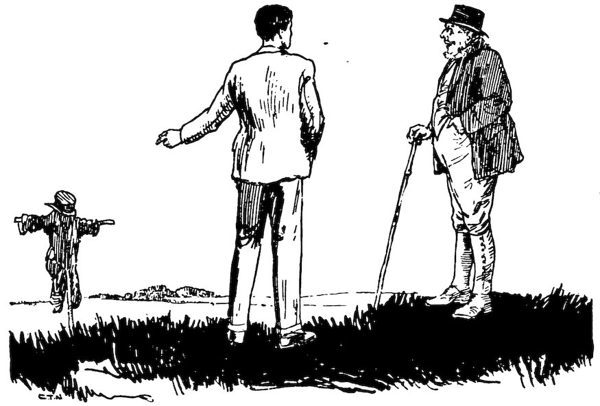 Black and white illustration of a man pointing toward a distant scarecrow while standing and talking with an older gentleman holding a walking stick.