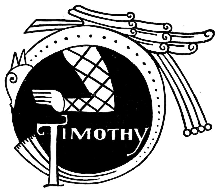 Black and white circular illustration featuring the name "TIMOTHY" inside a dark round background, with a patterned, checkered sleeve, a hand pointing right, a small animal head on the left, and decorative, flowing curved elements extending from the top right.