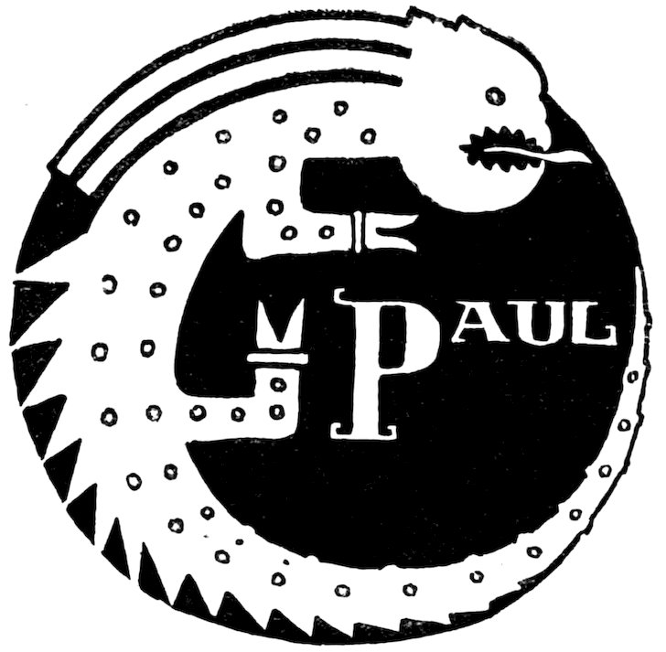 Black and white circular illustration featuring a spotted dragon curving around the border with its tongue sticking out, next to the name "PAUL" set against a dark background.