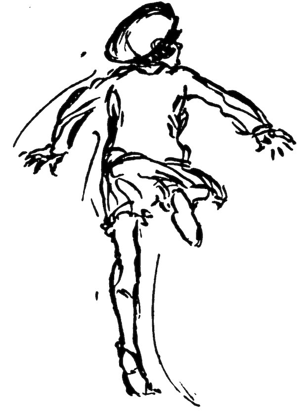 A quick black-and-white ink sketch of a girl running.