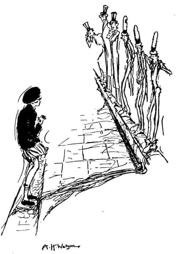 Black and white illustration of a girl standing on a narrow path or ledge, facing a line of several tall, thin figures wearing top hats standing along a wall.