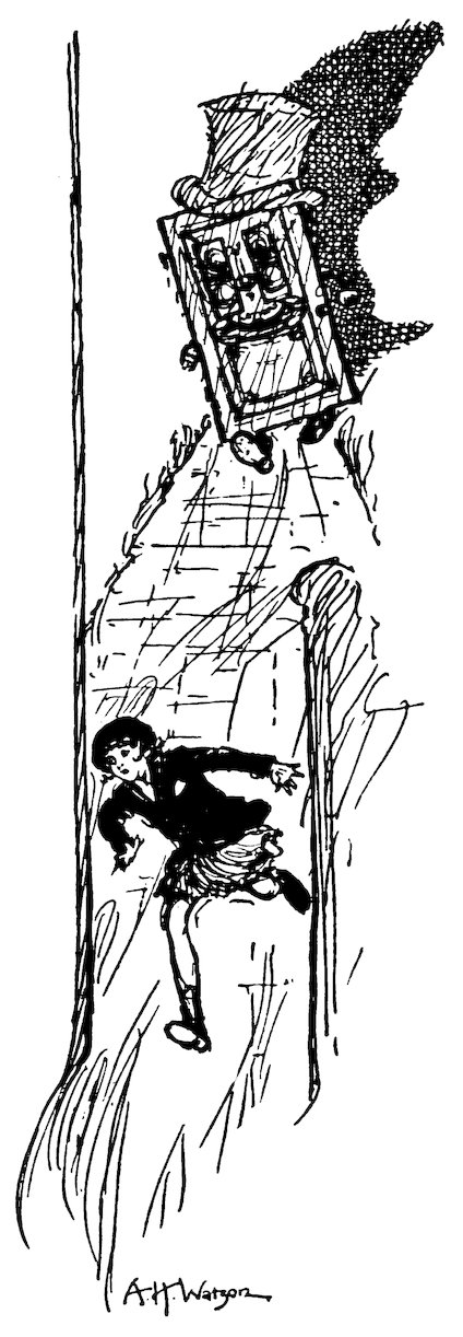 Black and white illustration of a girl running away in panic down a paved path as an anthropomorphic grandfather clock wearing a top hat pursues her from behind.